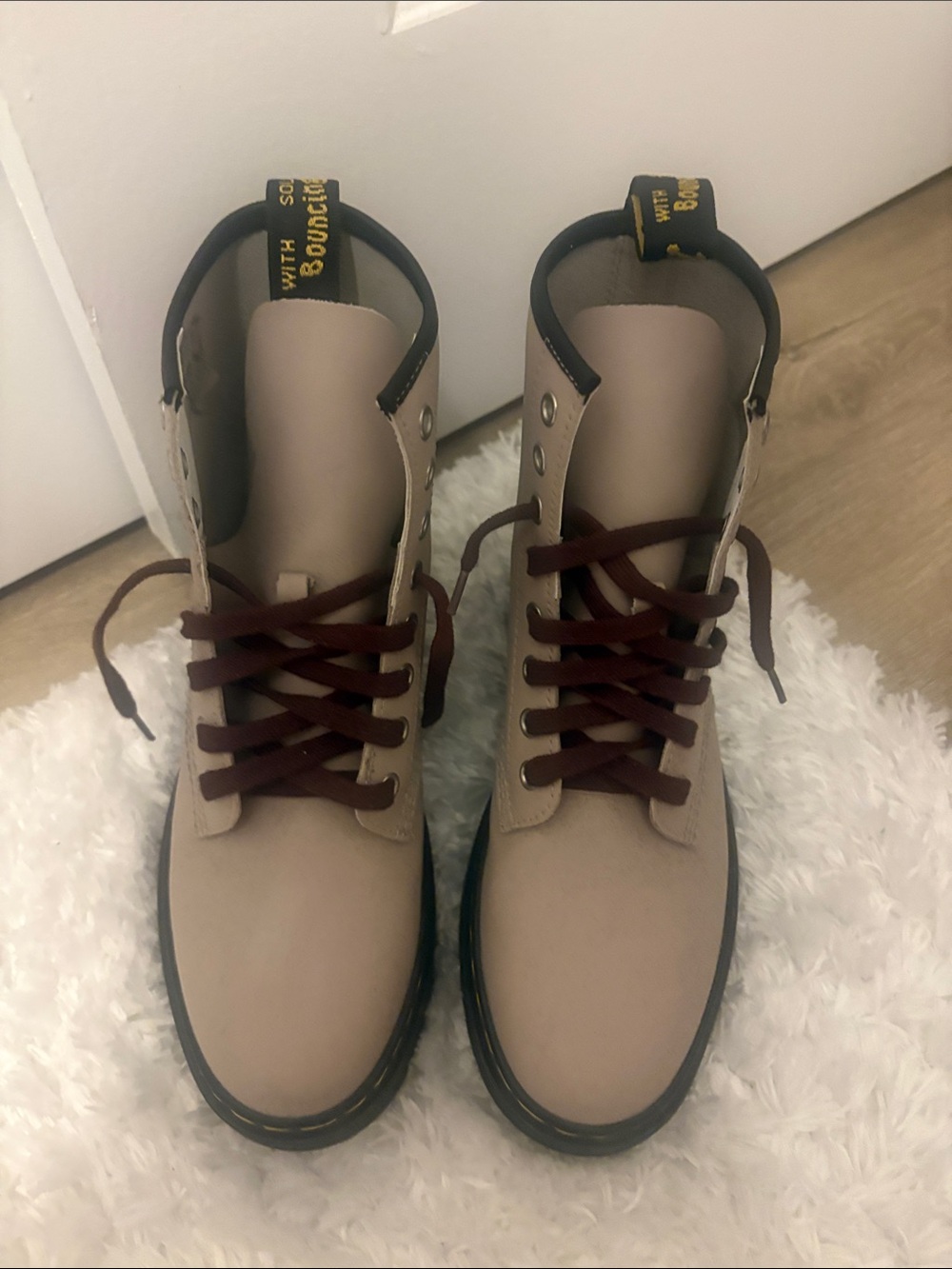Dr. Martens Taupe Combat Boots with Burgundy Laces